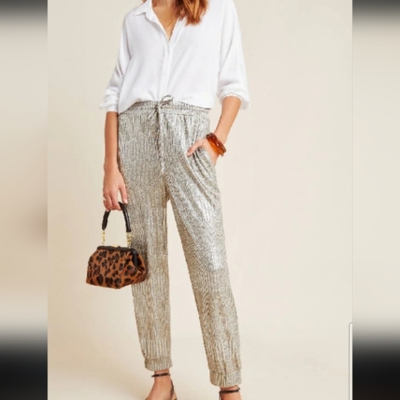 ANTROPOLOGiE  BISHOP YOUN FOR WOMEN SIZE S Silver Tapered Track Pants - Picture 1 of 5